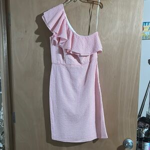 J. Crew Pink and White Striped One-Shoulder Cocktail Dress